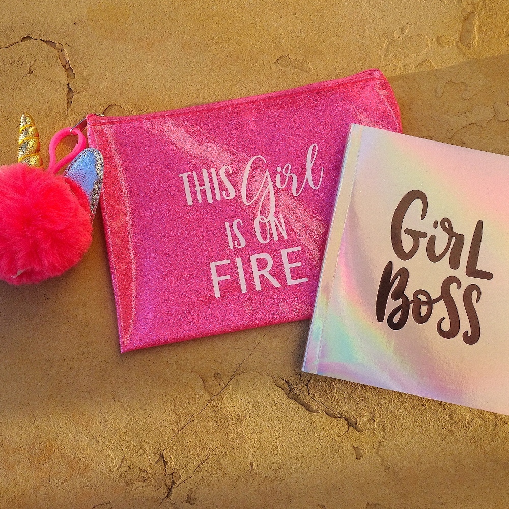 Glitter Hot Pink Girl Boss Unicorn Pom-Pom Journal & Pencil/Makeup Pouch Set